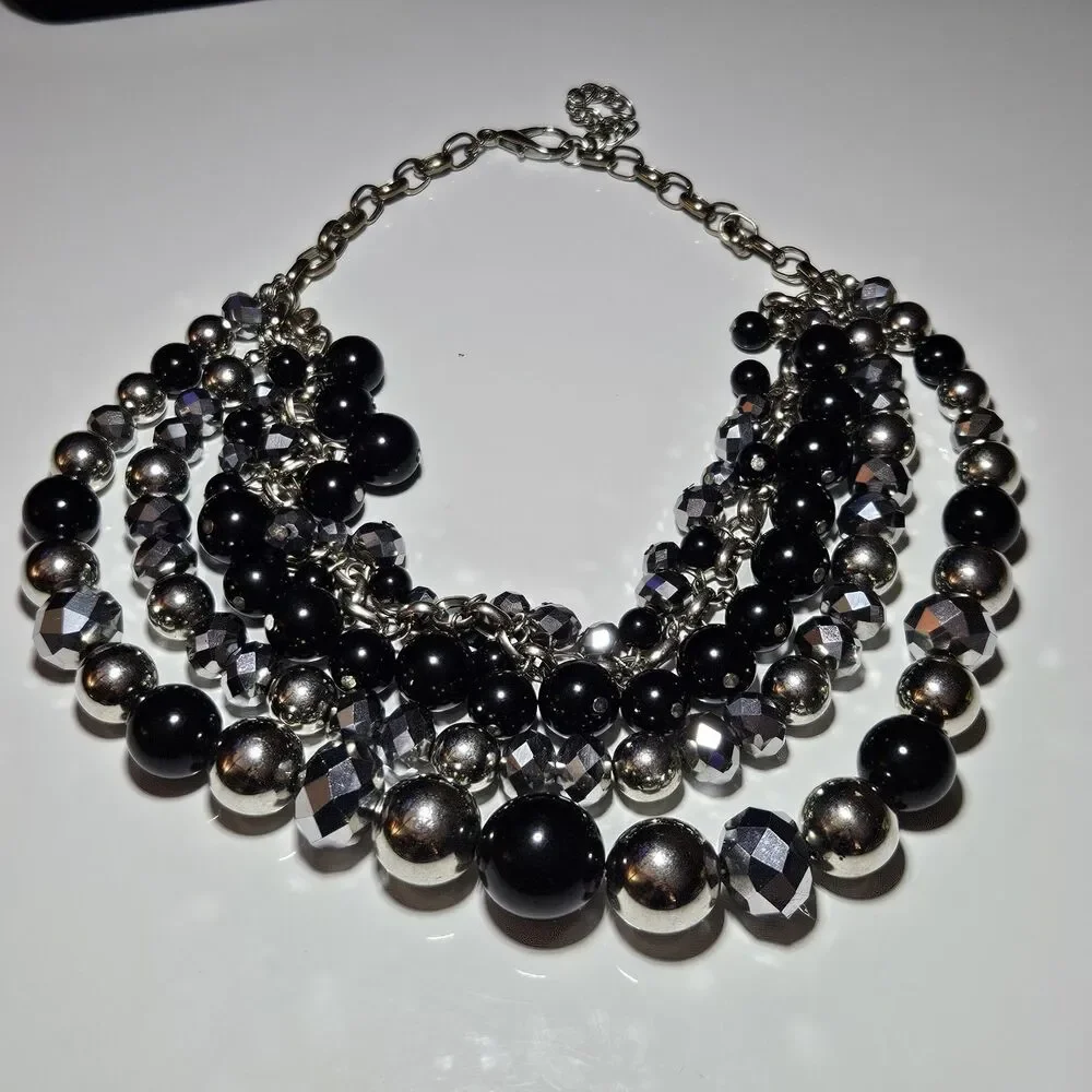 Paparazzi Zi Fame Collection Black Silver Gray Beaded Layered Necklace 20-22.5